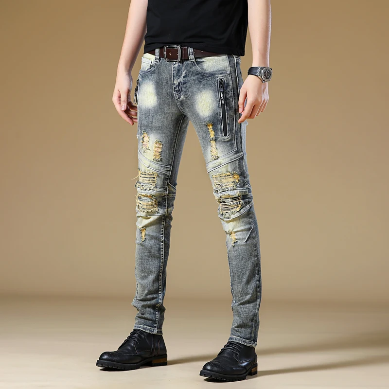 Уличной моды для мужчин джинсы женщин Высокое качество Slim Fit краски дизайнерские
