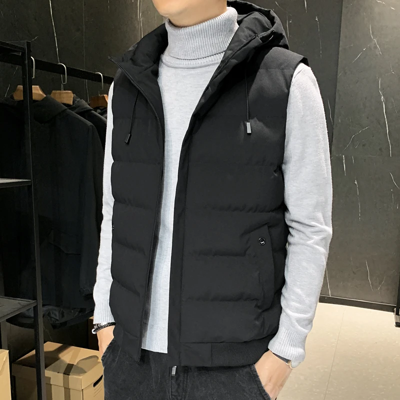 

2021 Winter Men's Hooded Parkas Vest Fashion Solid Color Zipper Casual Warm Vest Parkas Vests Coat
