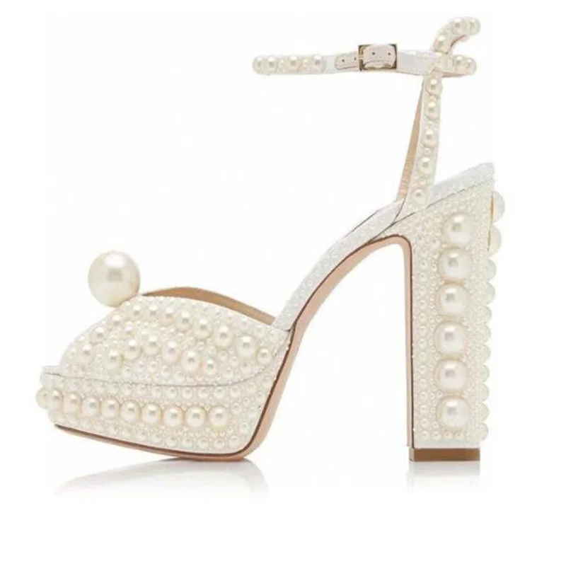 

UVRCOS White Pearls Beaded High Heel Sandals Summer Peep Toe Platform Shoes Sexy Ankle Strap Party Wedding Heels