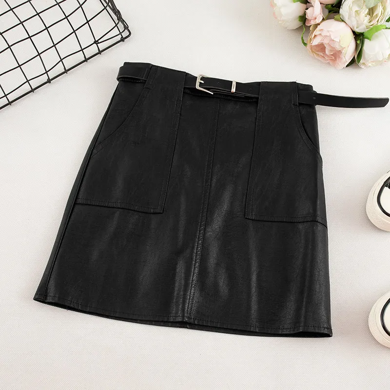 Black skirt Винтажные юбки из искусственной кожи с высокой талией, осенне-зимняя женская мини-юбка из искусственной кожи, одноцветная женская короткая юбка с карманами и поясом - Цвет: Black skirt