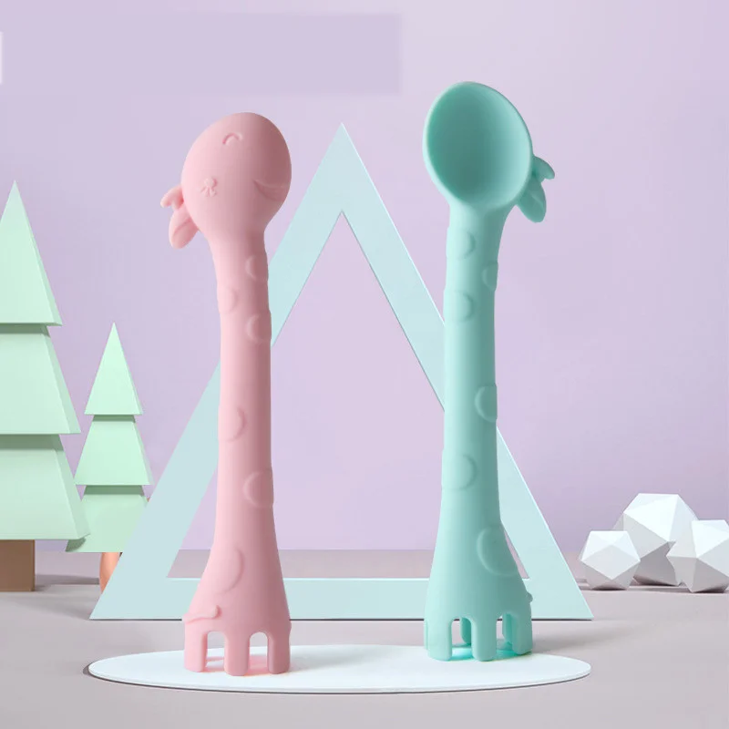 Милая Детская обучающая ложка с жирафом для малышей вилка прорезыватель без