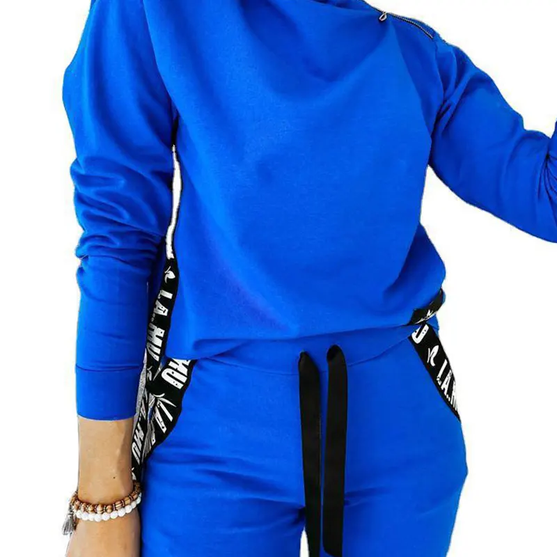 

Zipper Design Letter Print Hooded Top and Pockets Pants Set for Women Female d88