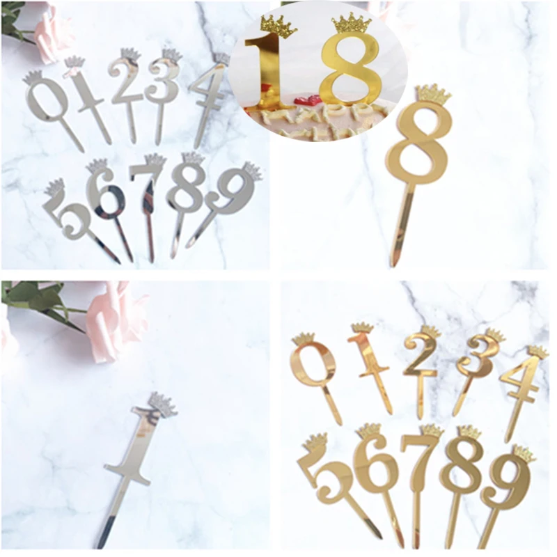 

1pcs Number Cake Decoration Cake Decoration Gold/Silver Crown Acrylic No. 0-9 Birthday Party Cake Insert Cake Decoration