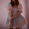 Women Puff Sleeve Tulle Tutu Princess Dress Square Collar Mesh Ruffle Bubble Skirt Wedding Evening Party Prom Mini Fairy Dress 3