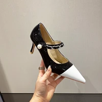 new women japanned leather pointed toe pumps woman mary janes pearl metal chain stiletto high heels shoes
