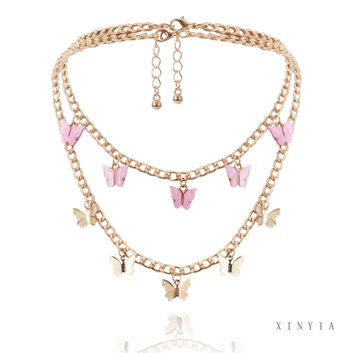 

Pink Cute Butterfly Pendant Punk 18K Cuban Chain Link Necklace Choker Clavicle for Women