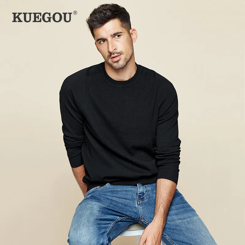 

KUEGOU 2021 осенний шерстяной однотонный Полосатый черный свитер мужской пуловер Повседневный джемпер мужской брендовый вязаный корейский сти...