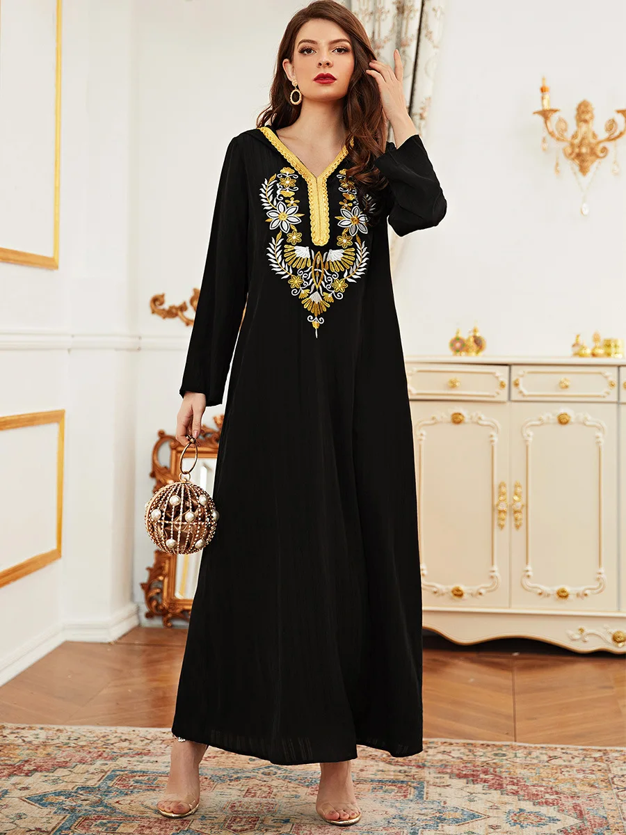 

Autumn Women Hooded Muslim Dress Floral Embroidery Moroccan Caftan Casual Dresses Islamic Clothing Dubai A-line Vestido Kaftan
