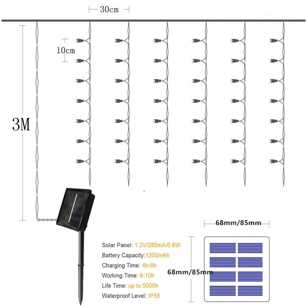 

3M*3M Solar garland Curtain light led outdoor Fairy Lights sunlight powered String Lights for window garden home wedding decor