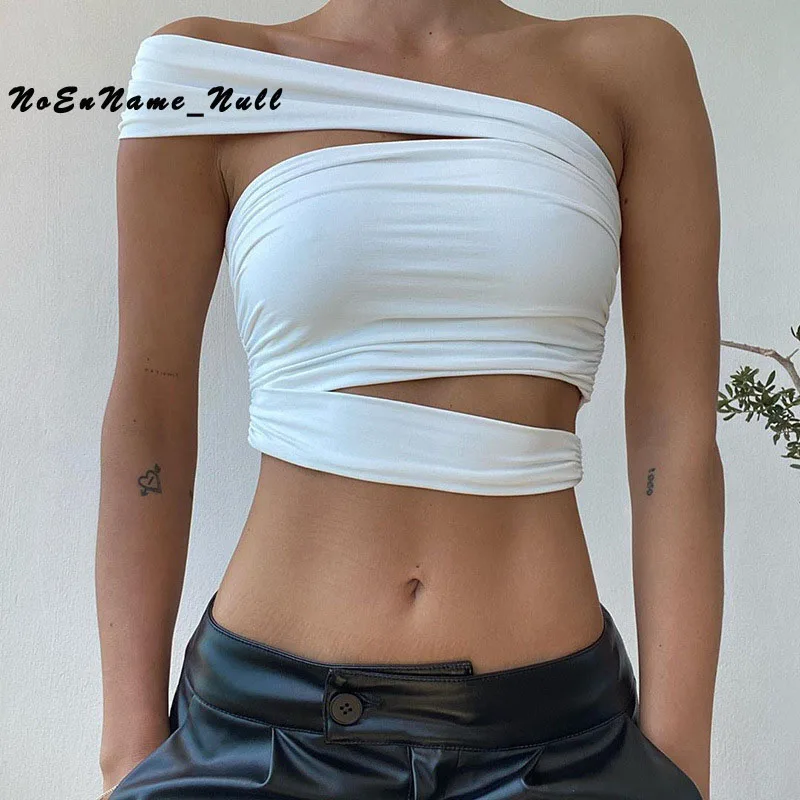 

Сексуальный тонкий жилет с плиссированным плечевым ремнем, женская сексуальная Базовая футболка без рукавов, белая, с открытыми плечами, Че...