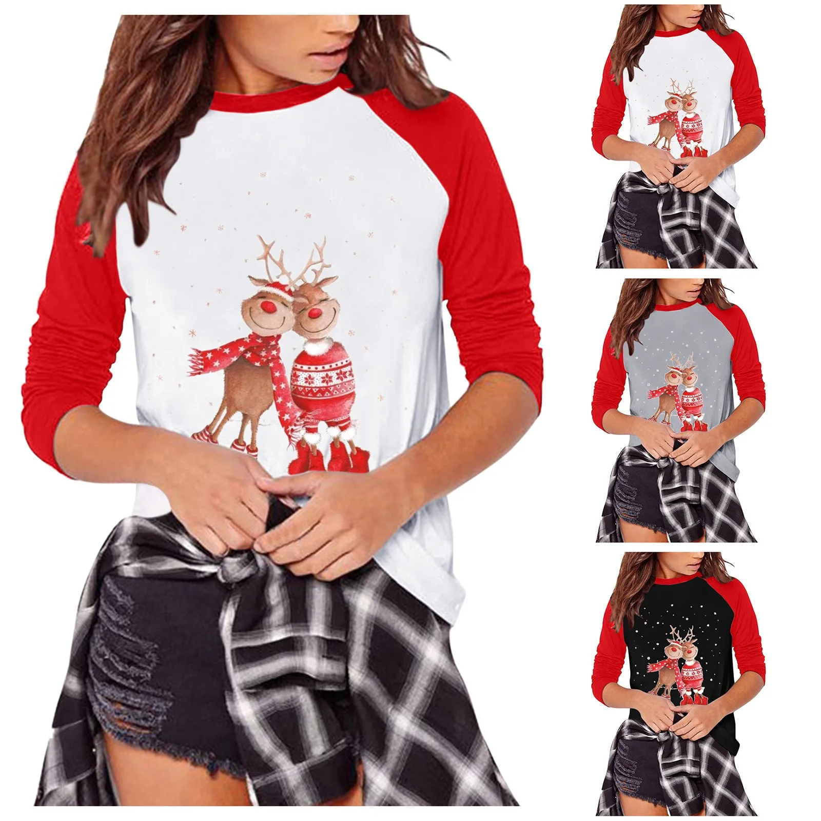 Женский свитер с длинным рукавом круглым вырезом и принтом оленя |