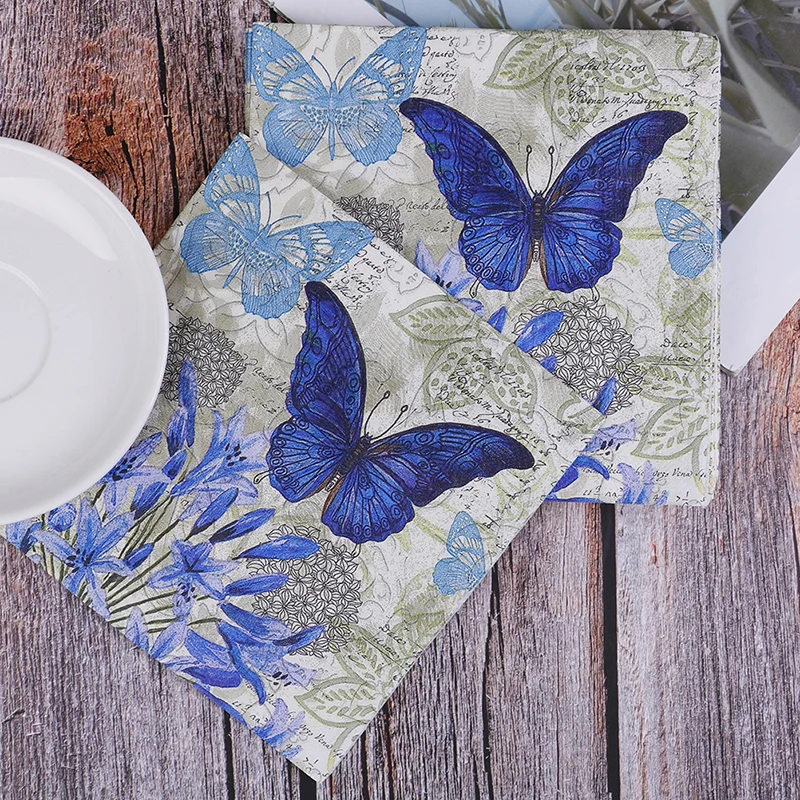 20 purple flower blue butterfly handkerchief decoupage Vintage napkin paper tissue wedding birthday party X-mas serviettes decor | Дом и сад