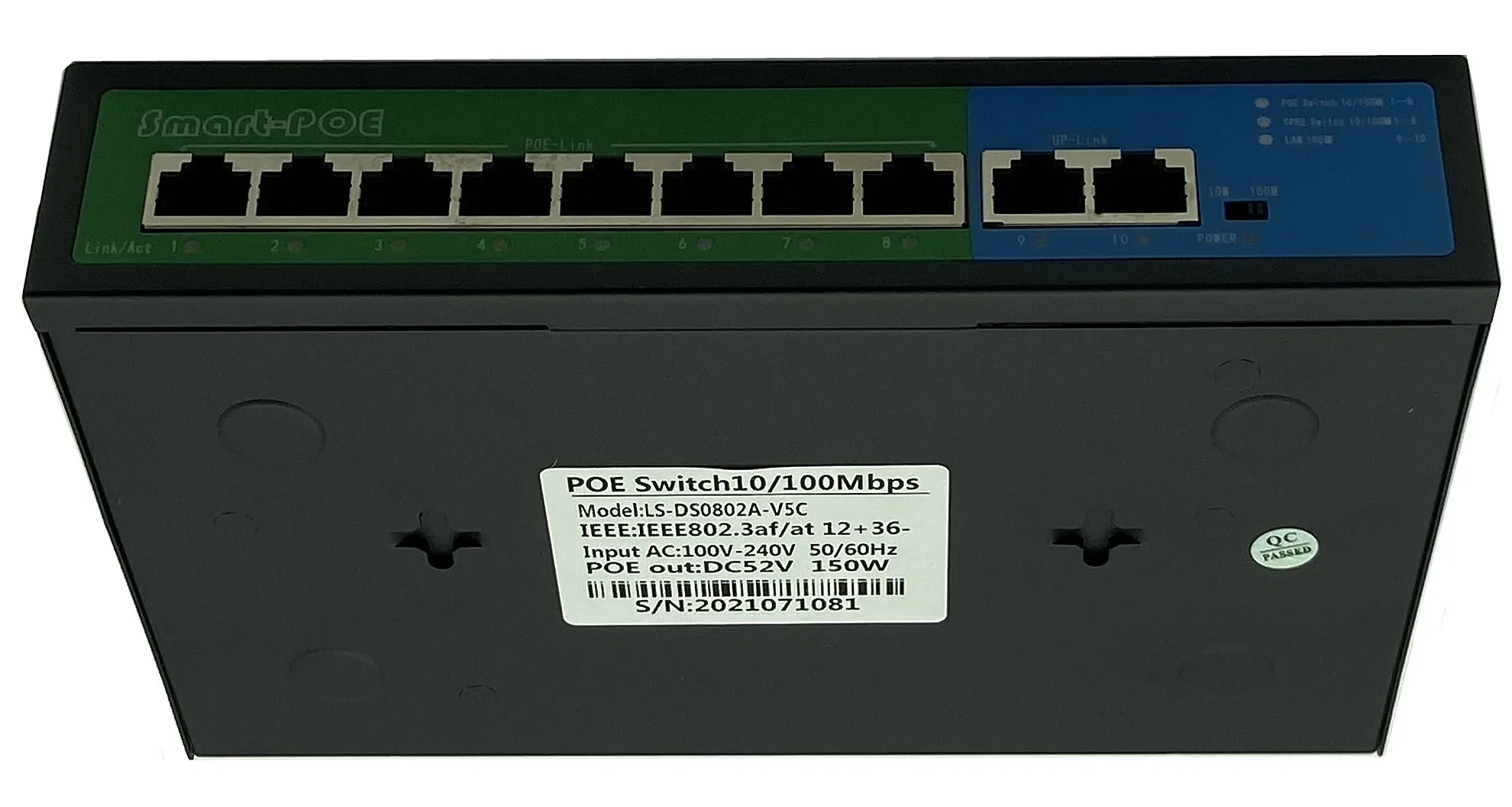 10-портовый 48 в 8 PoE Инжектор Power Over Ethernet коммутатор 150 Вт IEEE802.3af/at 1 2 +/3 6-Встроенный