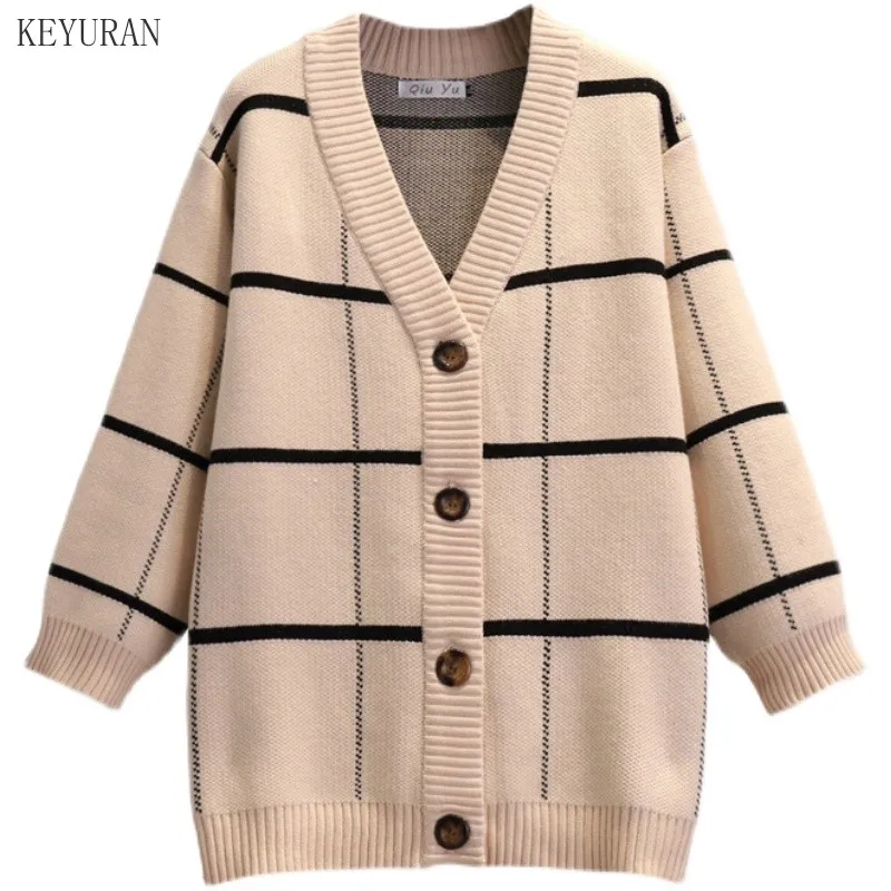 

Женский Повседневный Кардиган в клетку, Свободный вязаный кардиган оверсайз с рукавами-фонариками и V-образным вырезом, верхняя одежда на о...