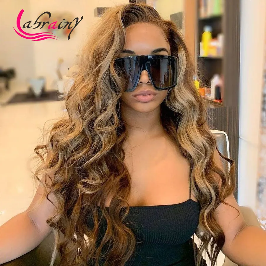 

13x6 HD Transprent Lace Frontal Highlight Human Hair Wig 30 Inch Honey Blonde Colored Wavy Front Wigs Pre Plucked Full Body Wave