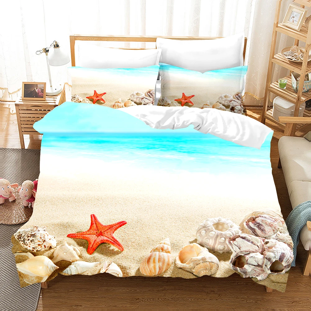 

Пляжный комплект постельного белья с морскими звездами, роскошный пейзаж, голубое небо, наборы пододеяльников, постельное белье, королева, ...