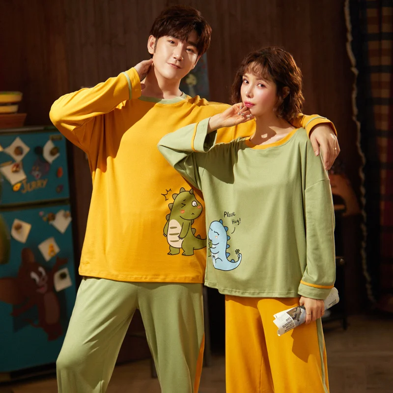 Новинка осенне-зимние хлопковые Пижамные комплекты для пар брюки с круглым