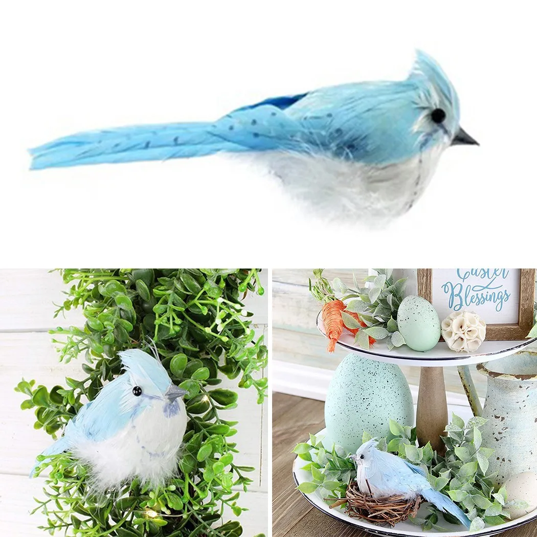 

Decorative Fake Artificial Foam Clip-On Blue White Feathered Bird Wedding Ornament Home Craft Table Decor Bird Toy Wedding Decor