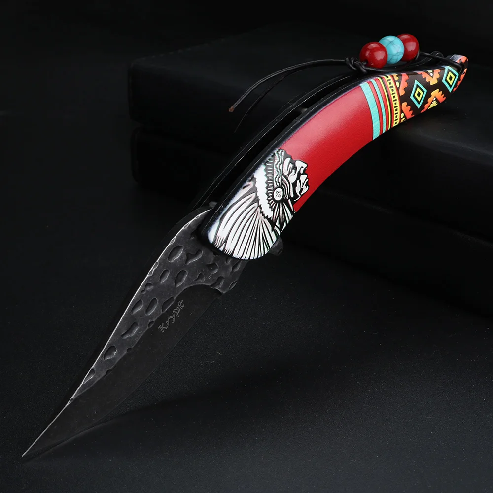 Складной нож, карманный этнический четырехцветный кованый нож для выживания на природе, карманный нож для кемпинга и охоты, короткий инструмент для самообороны