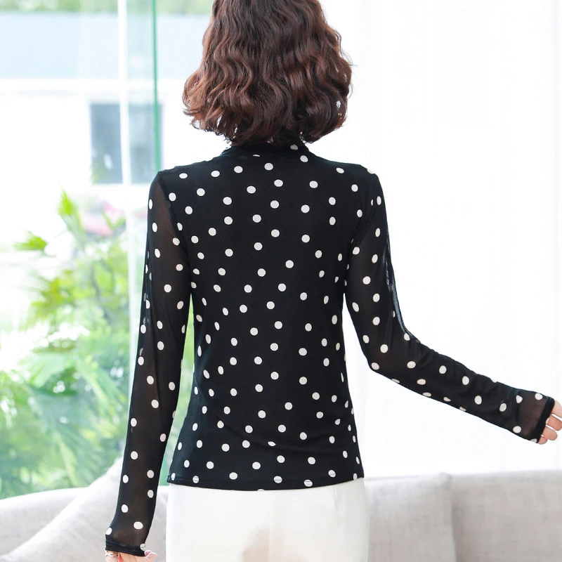 Spring Autumn Women Modern Latin Costume Casual V-Neck Black Dot Printed Lace Suit Bottoming Shirt
