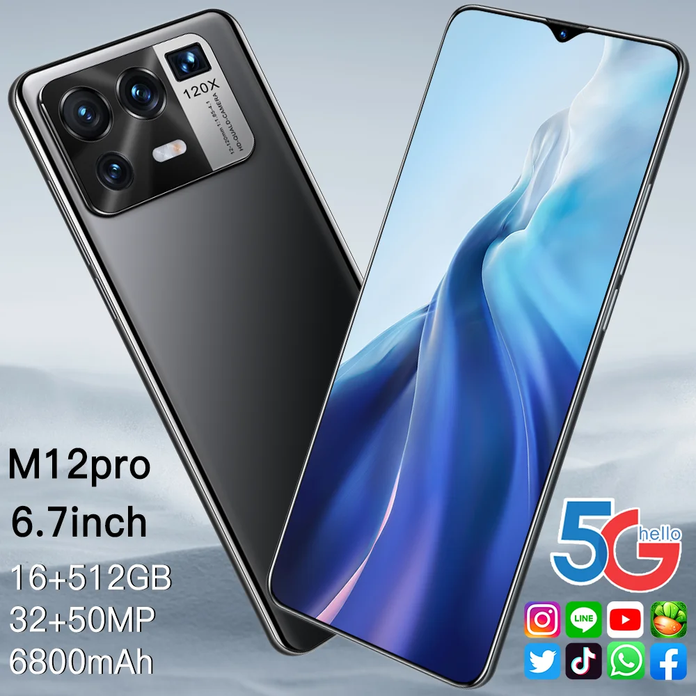 

M12pro 6.7Inch Global Version Smartphone 8G +256G ROM 6800mAh Large Battery Android Full Display Dual SIM 4G/5G Call Phone