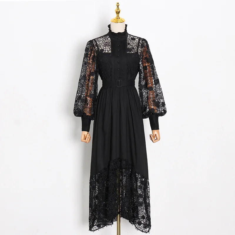 Женское кружевное платье макси летнее ажурное с вышивкой рукавами-фонариками