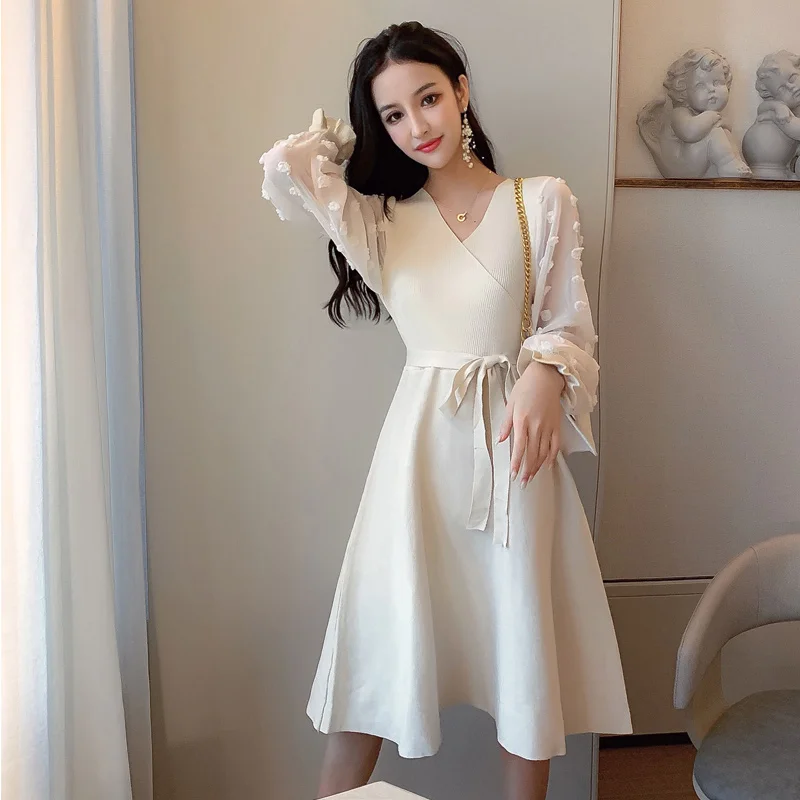 2019 Новое Осеннее винтажное женское платье с длинным рукавом вязаное тонкое