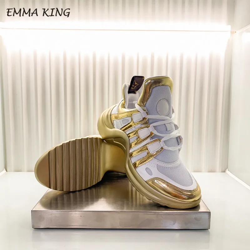 Дизайнерские женские кроссовки Emma King на шнуровке; спортивная обувь для бега; Повседневная обувь из вулканизированной кожи и лайкры на плоской подошве; Прогулочные кроссовки - Цвет: Gold