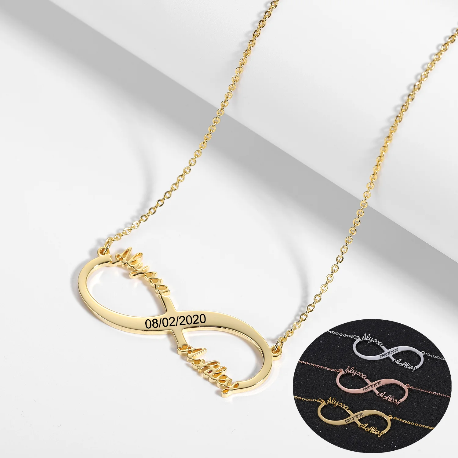 

Customized Name Necklace Engraved Date Number Infinite Loop Name Necklace High Quality Stainless Steel Necklace For Women