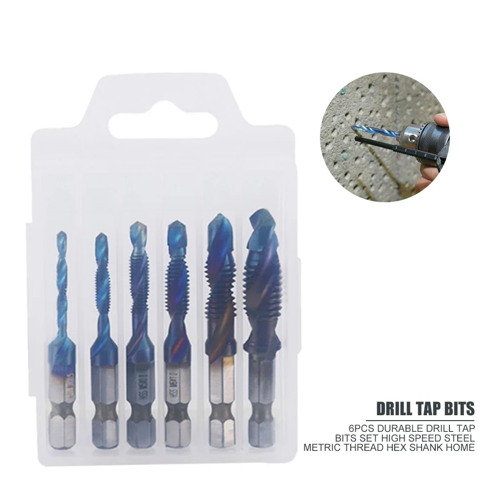 

6pcs Hex Shank Portable Accessories Metric Thread High Speed Steel Blue Coating Widely Use Durable Hand Tools Drill Tap Bits Set