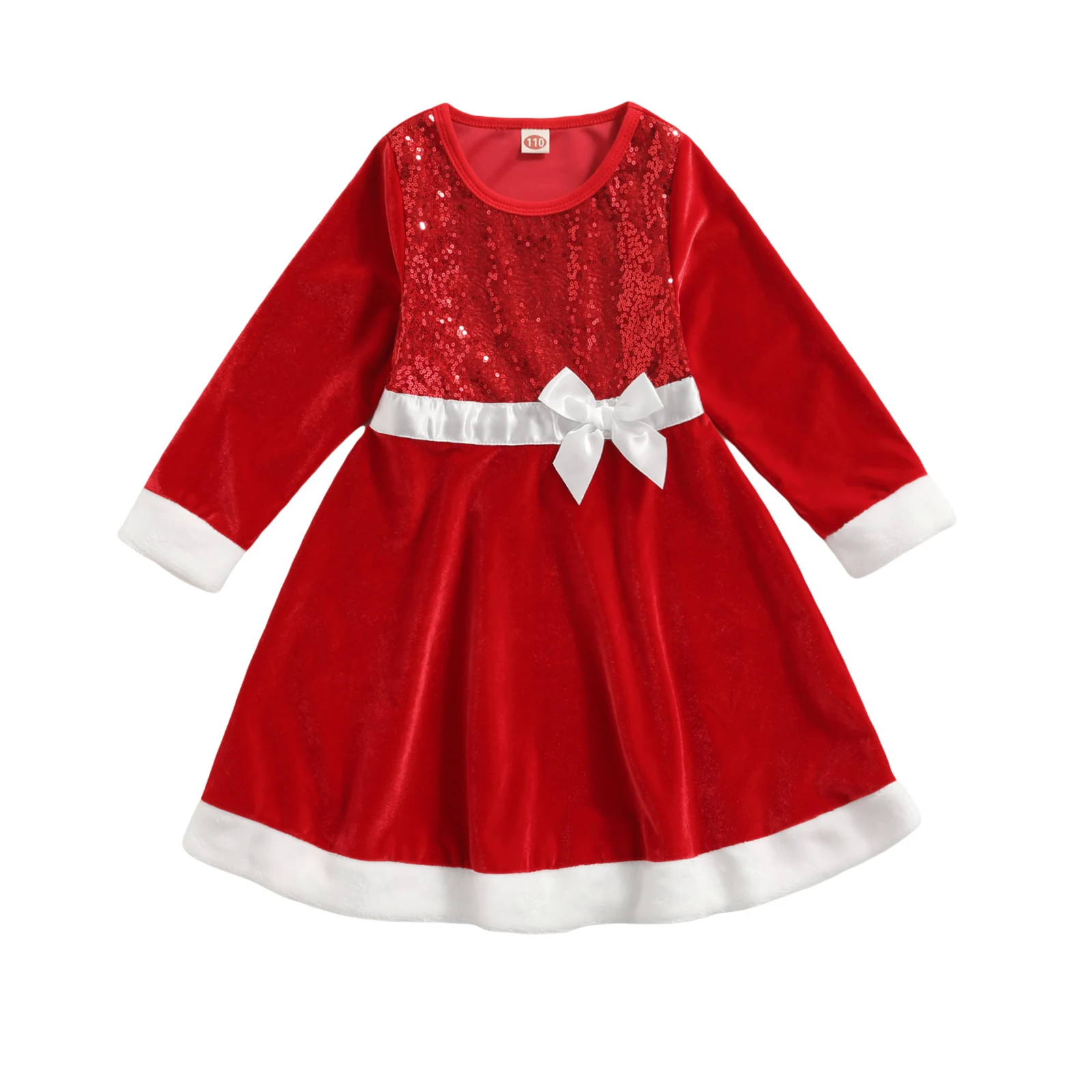

Christmas Little Girls Breathable Dress Color Matching Sequins Bow Decoration Round Collar Long Sleeve Princess Skirt