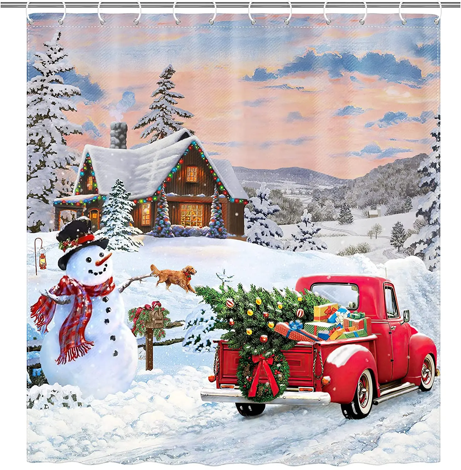 

Winter Christmas Shower Curtains Forest Xmas House Red Truck Cute Snowman Natural Landscape Decor Cloth Holiday Bathroom Curtain