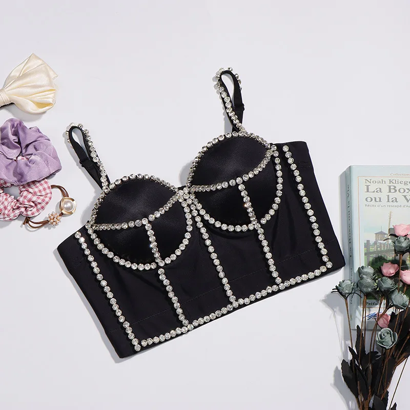 Fashion Spaghetti Strap Cropped Tops Vintage Backless Black Cami Top Party Club Celebrity Vest Caims Beading Bra