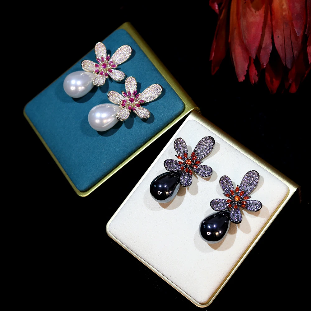 Серьги женские с черным жемчугом и розовым цветком фианитом E0049 | Украшения