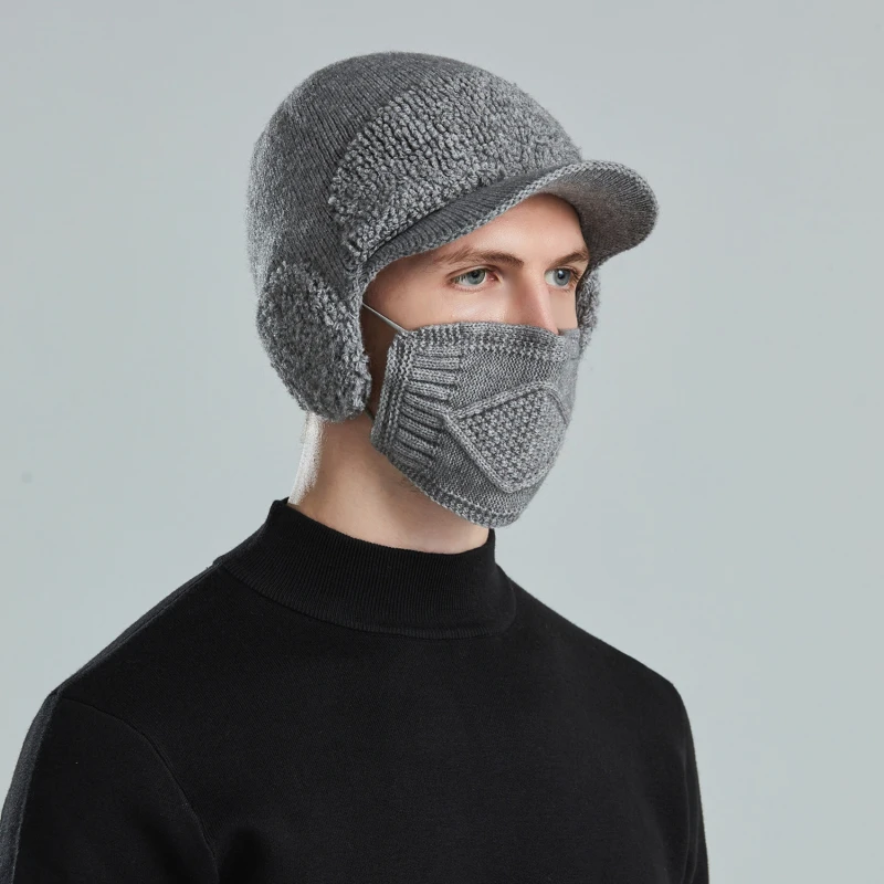 

Winter Hat Men Ski Cycling Ear Protection Beanie Outdoor Coldproof Warm Bonnet Wool Plush Thicken Baseball Cap Knit Hat Mask Set
