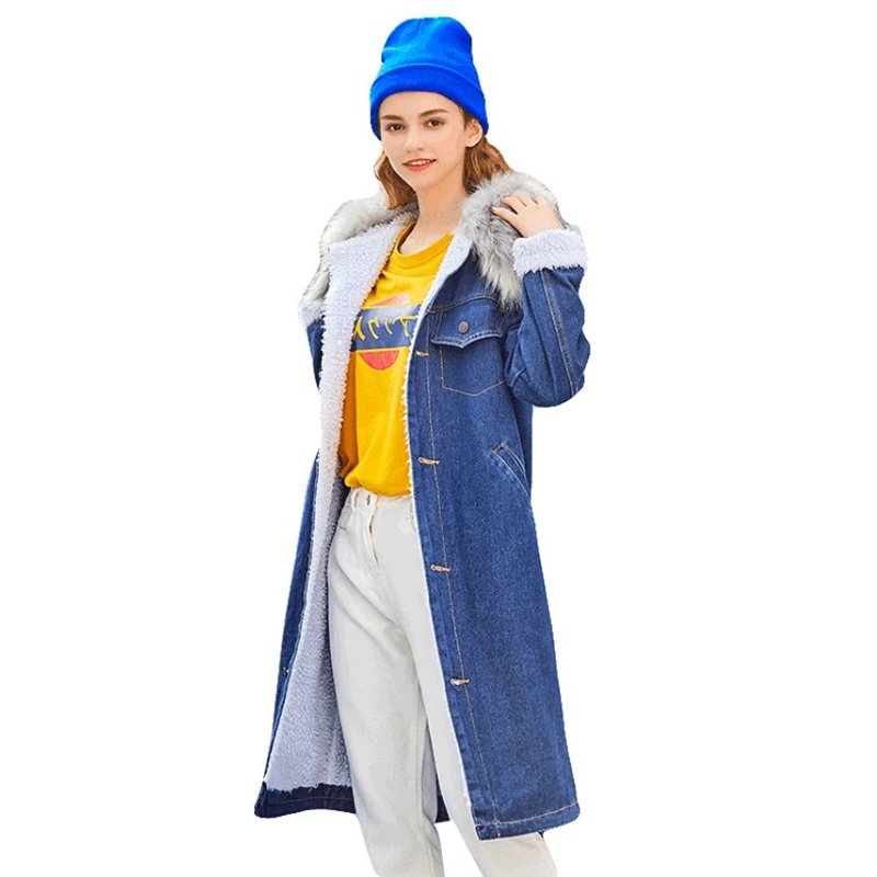 Зимнее женское пальто с капюшоном длинным рукавом однотонная джинсовая парка