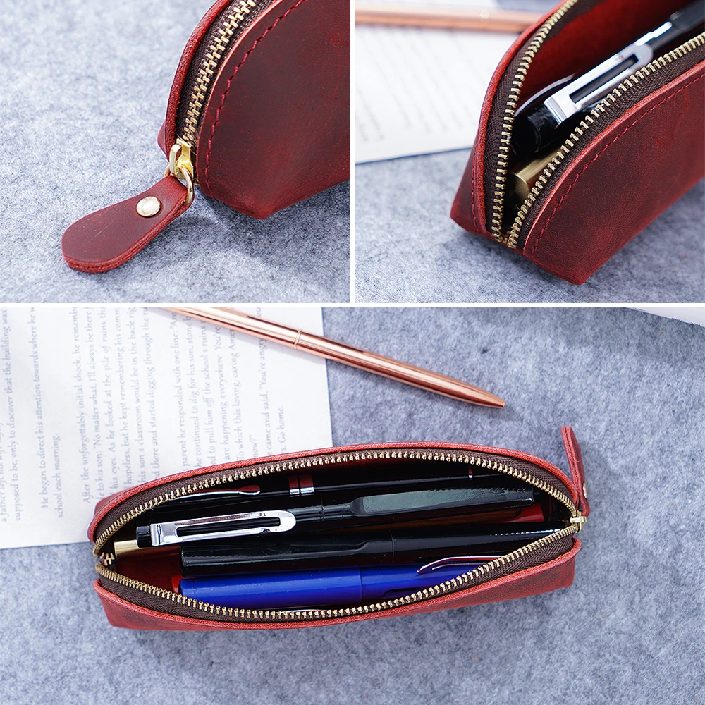 Moterm Handmade Genuine Leather Zipper Pen Pencil Bag Vintage Retro Style Creative School Stationary Accessories Free shipping|pencil bag|pen