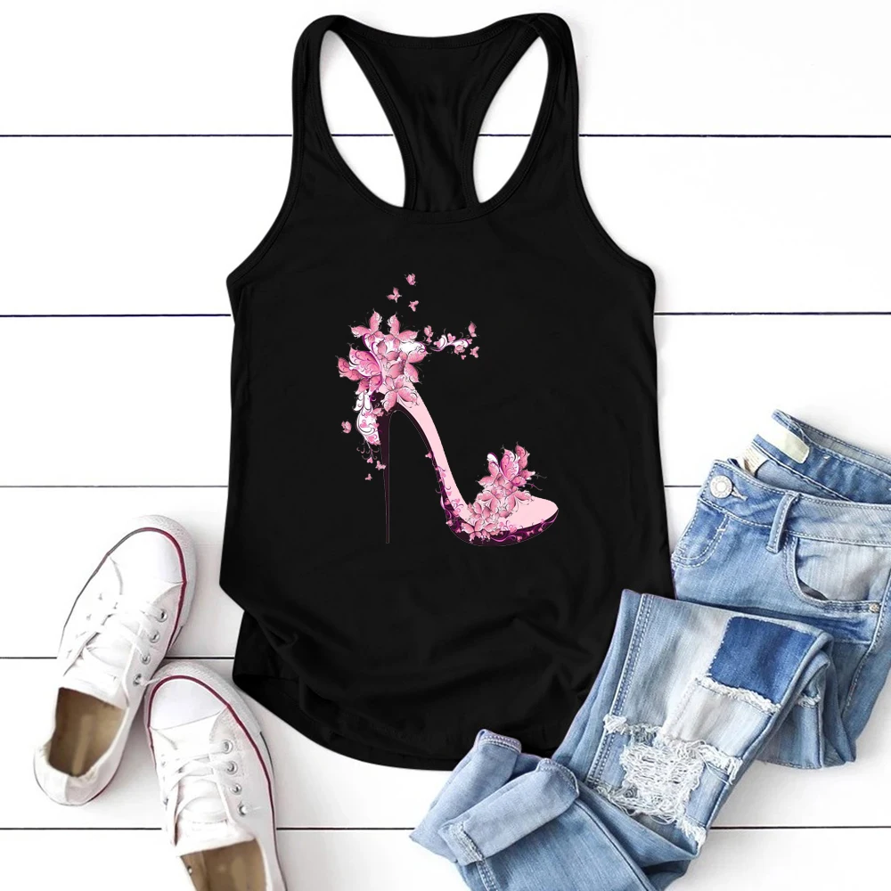 

2020 Casual High-heeled Shoe Butterflies Print Tank Top Women Sleeveless Summer Vest Fashion Ladies Tank Top Harajuku Ropa Mujer