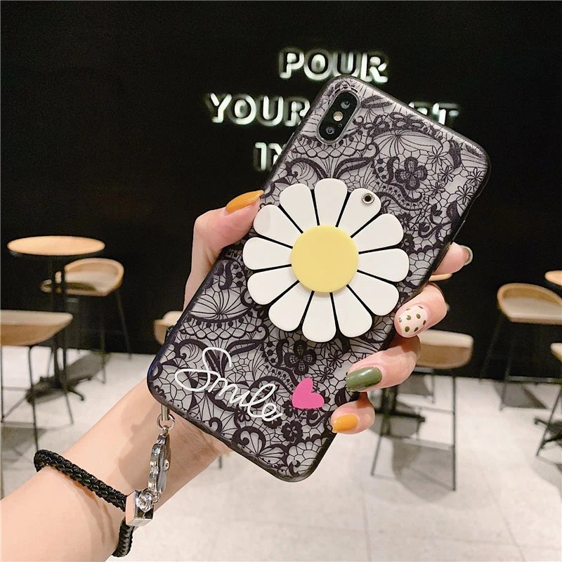Lace Flower Makeup Mirror Phone Case For Samsung Galaxy S8 S9 S10 Lite S7 S6 Edge Plus C5 C7 C9 Note 8 9 With Lanyard Back Cover - Цвет: 4