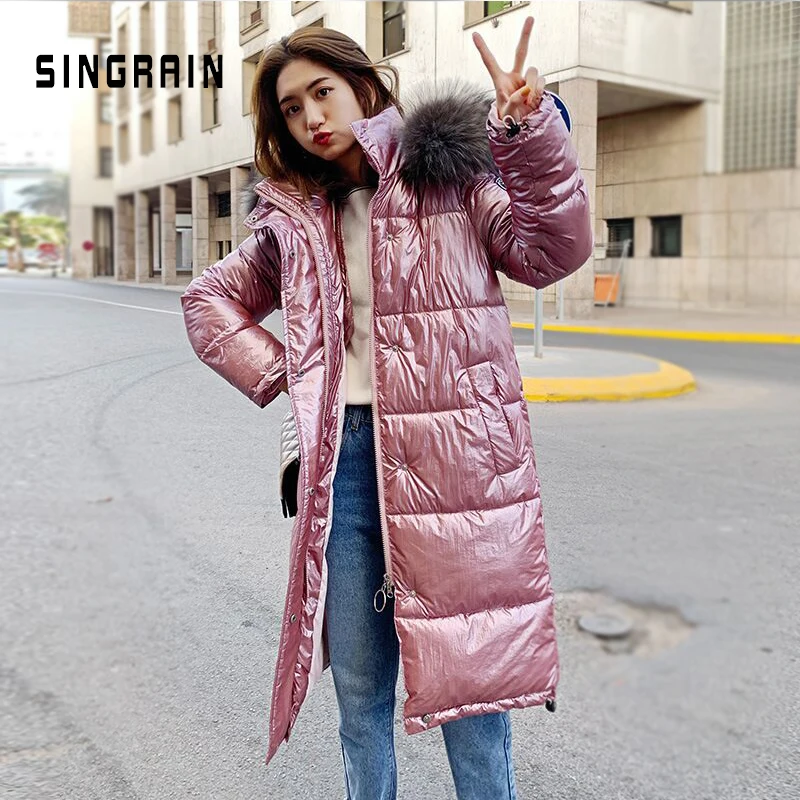 SINGRAIN женский длинный пуховик с воротником из натурального меха енота теплое