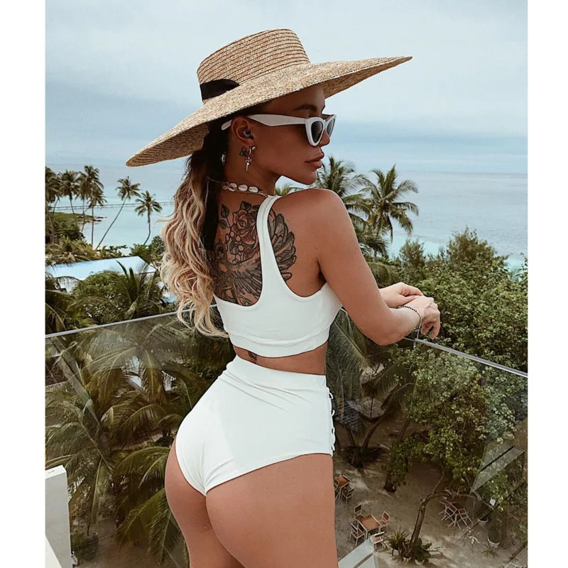 Черный сексуальный женский купальник с завышенной талией и эффектом пуш