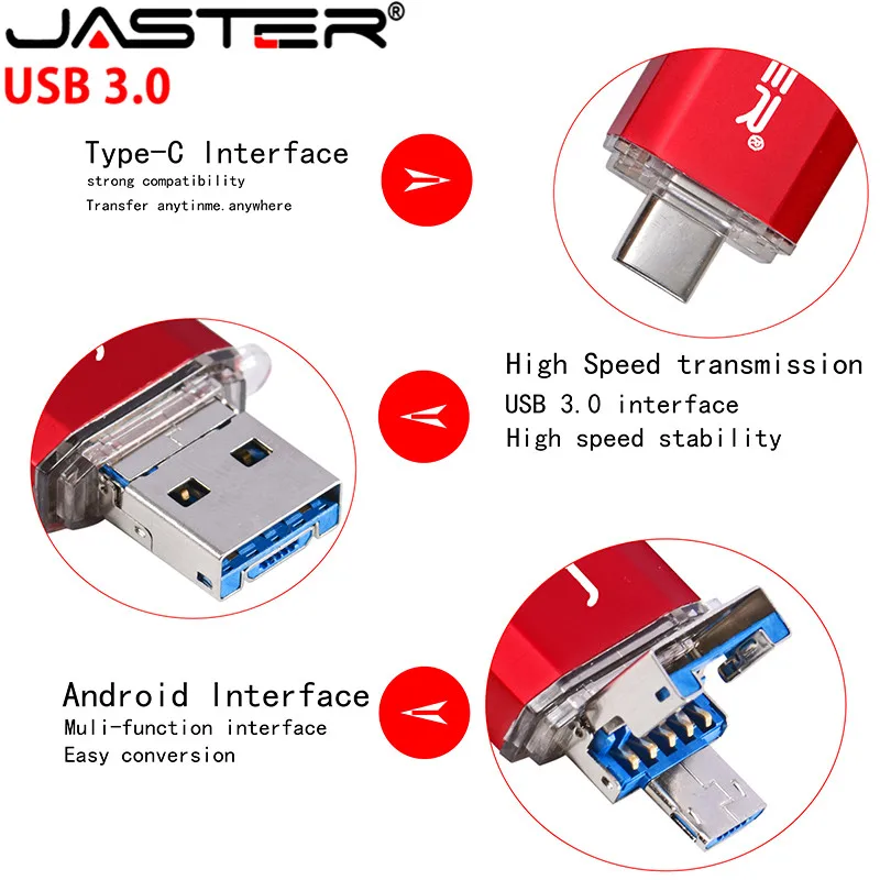 JASTER 3 в 1 OTG (Android USB и Type_C) металлический настраиваемый флеш накопитель 64 ГБ 32 16 8 4 Гб