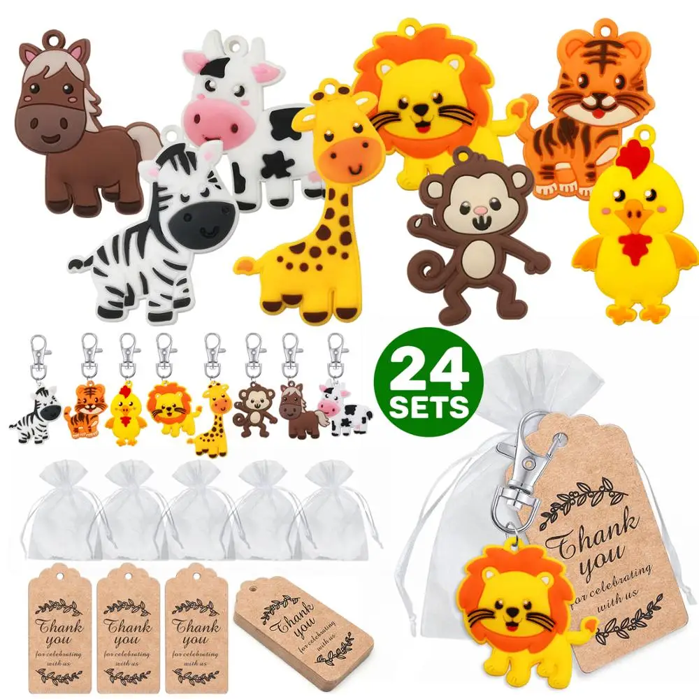24 pieces of jungle safari animal keychains, suitable for safari party supplies, children's party bag filling, jungle safari bab