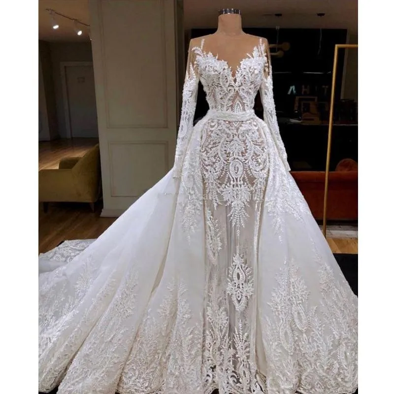 

Gorgeous Lace Wedding Dresses Sheer Neck Long Sleeves Applique Tulle Overskirt Illusion Mermaid Bridal Gowns