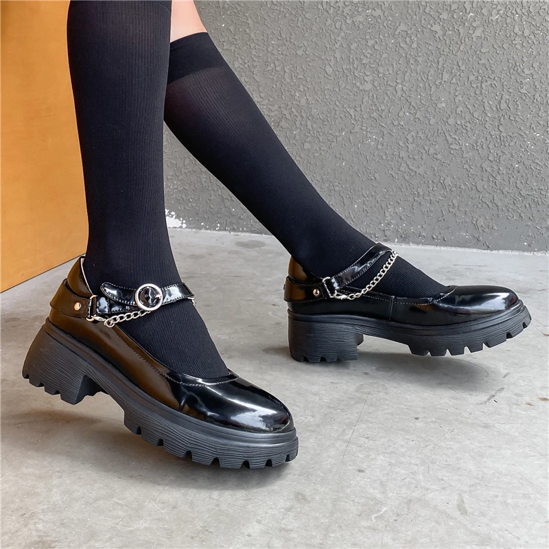

VERCONAS Genuine Leather Women Pumps Genuine Leather Platform Thick Heels Shoes Woman Spring Casual Chain Concise Mary Janes New