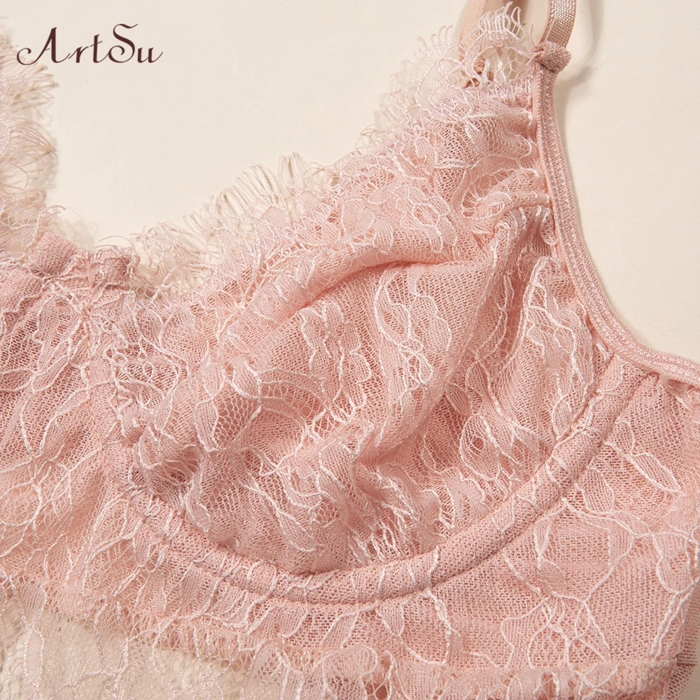 

ArtSu 2019 Cute Pink Mesh Lace Bodysuit Straps Sexy Sleeveless Teddy Bodysuits Catsuit One Piece Summer Bodysuits New ASJU60469