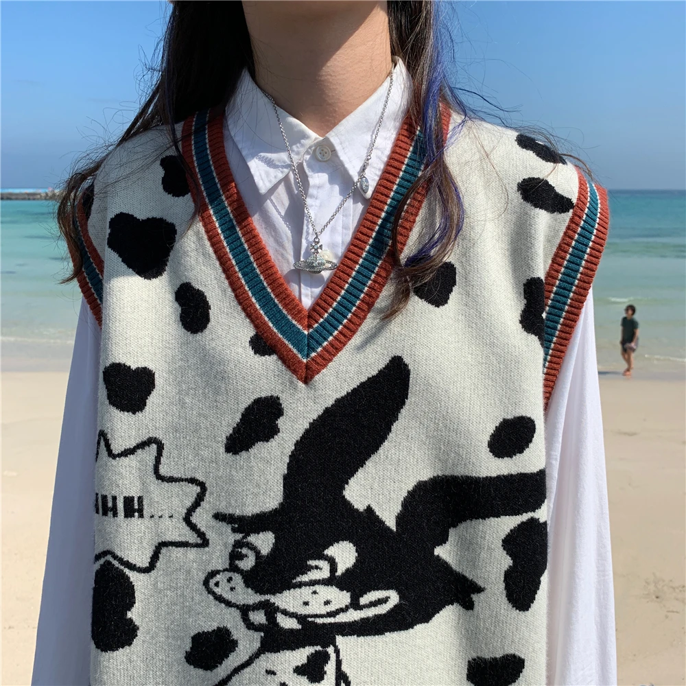 

Korean Women Sweater Vest College Dog Cartoon Embroidery White Knitted Sexy V-neck Warm Fashion Autumn Winter Women Sweater