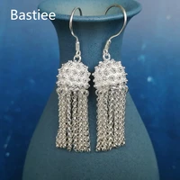 bastiee 999 pure silver hmong hat tessels earrings for women vintage ethnic drop earings brincos handmade jewelry luxury chinese