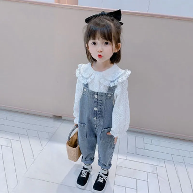 

Girls foreign style suit 2020 new Korean version of the small and medium-sized virgin baby denim overalls shirt two-piece suit f