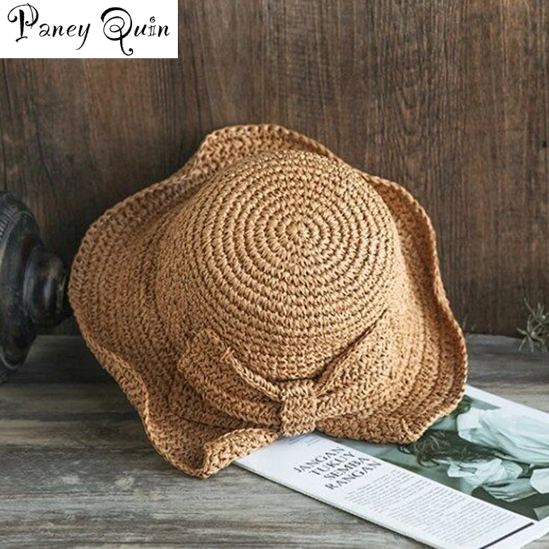 Шляпа от солнца из рафии с бантом Женская летняя пляжная Соломенная Панама